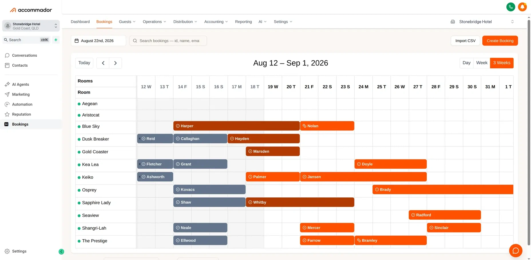 The Accommador bookings calendar — three weeks of arrivals across every room, colour-coded by booking status