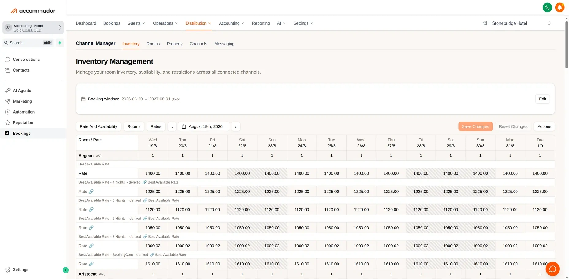 Accommador channel manager — nightly rates and availability for every room type, pushed to every connected booking site