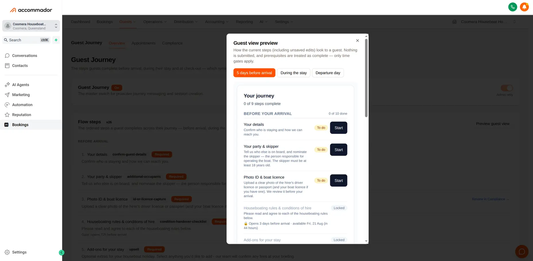 The guest check-in steps on a phone — later steps time-gated until arrival day