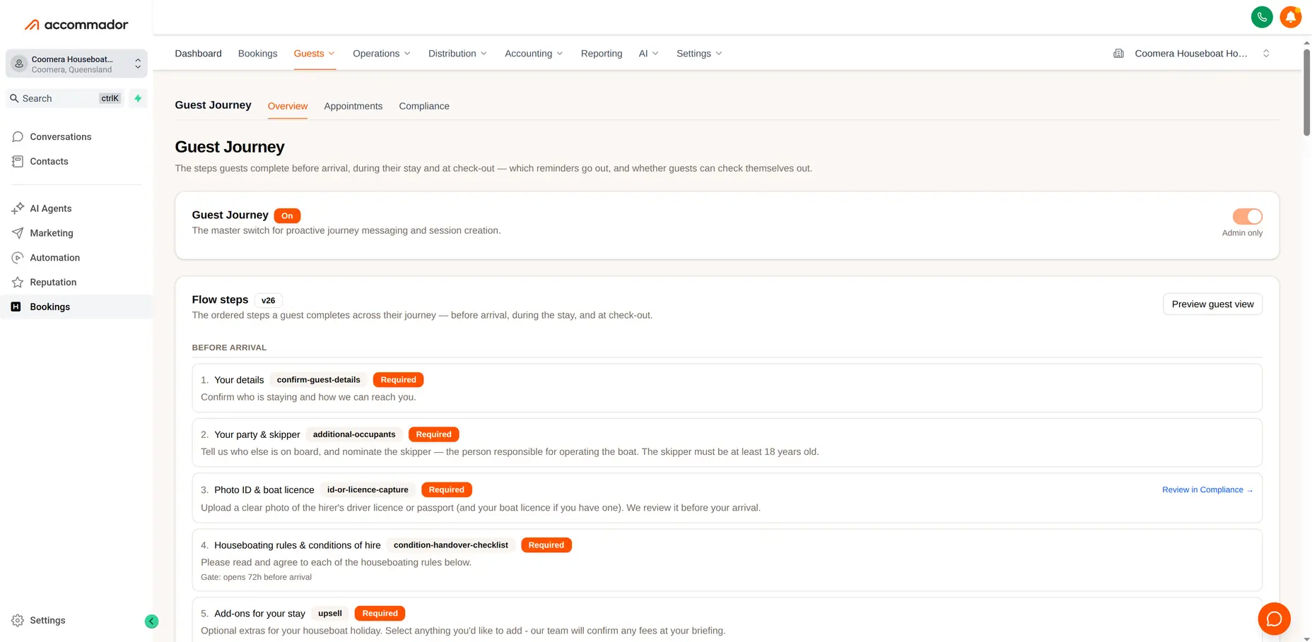 The journey editor — every step a guest completes before arrival, during the stay and at check-out